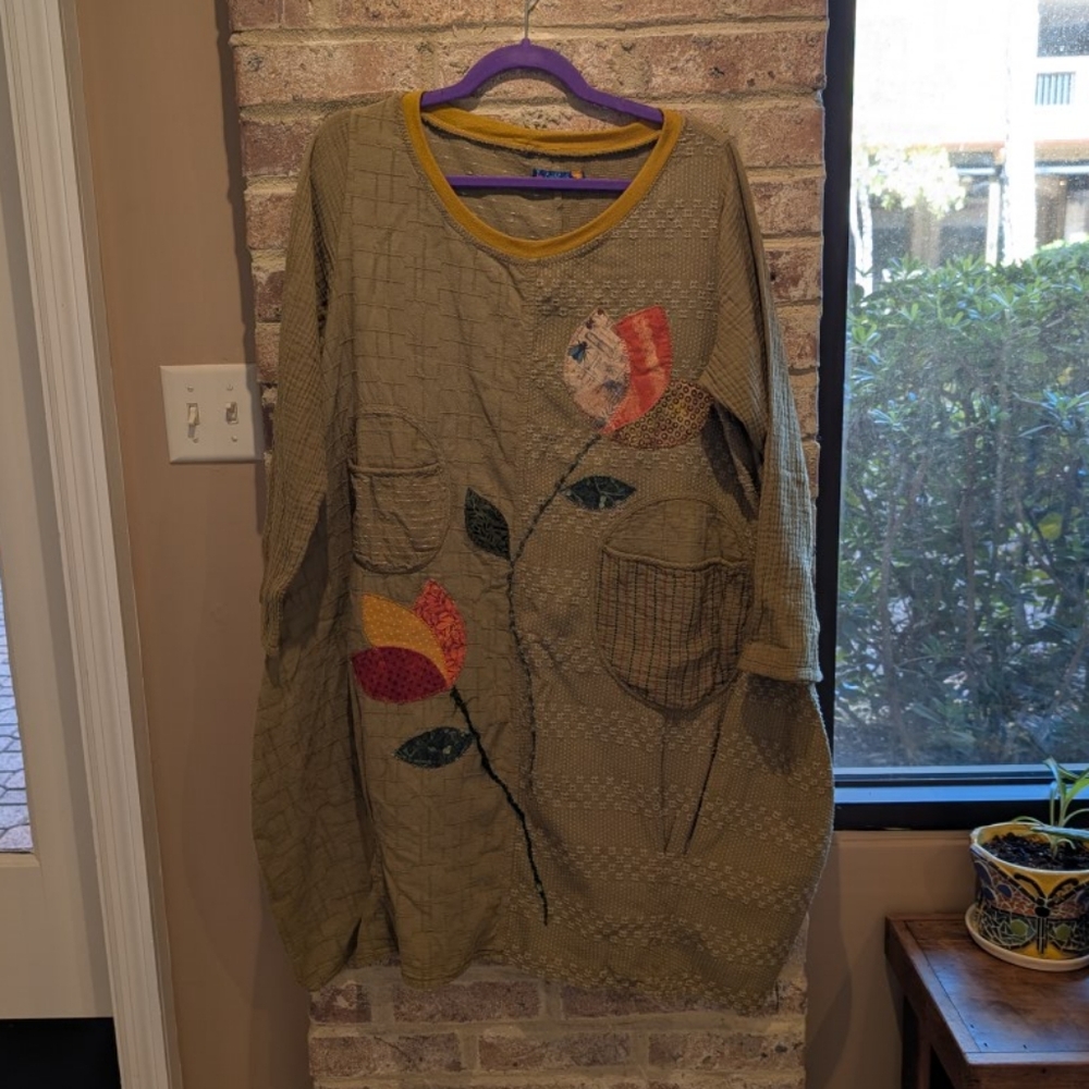 Quilted Olive Green Tunic Dress with Embroidered Accents